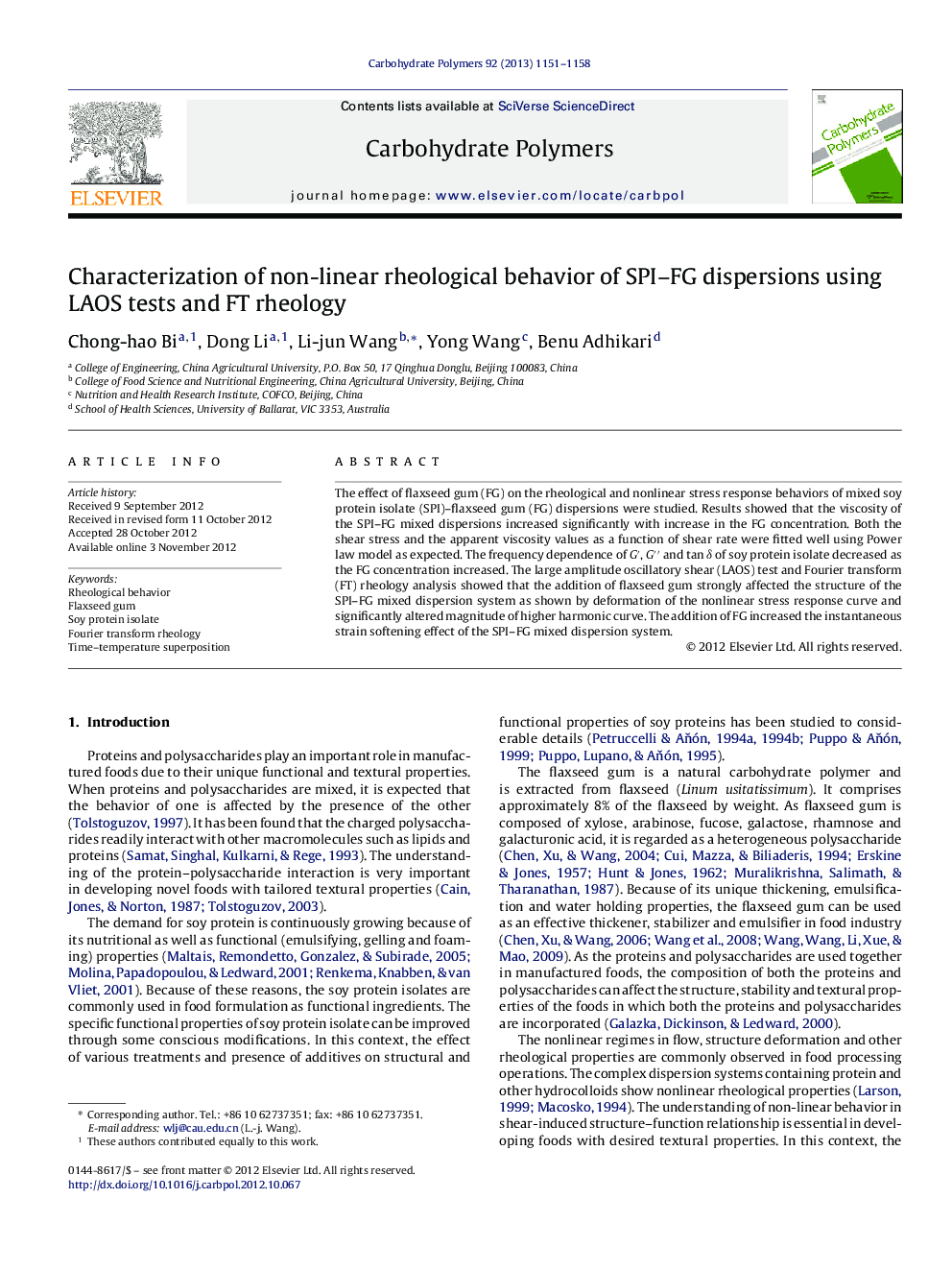 Characterization of non-linear rheological behavior of SPI-FG dispersions using LAOS tests and FT rheology