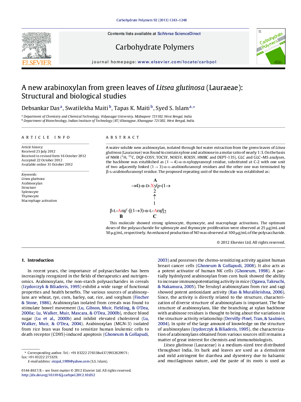 A new arabinoxylan from green leaves of Litsea glutinosa (Lauraeae): Structural and biological studies
