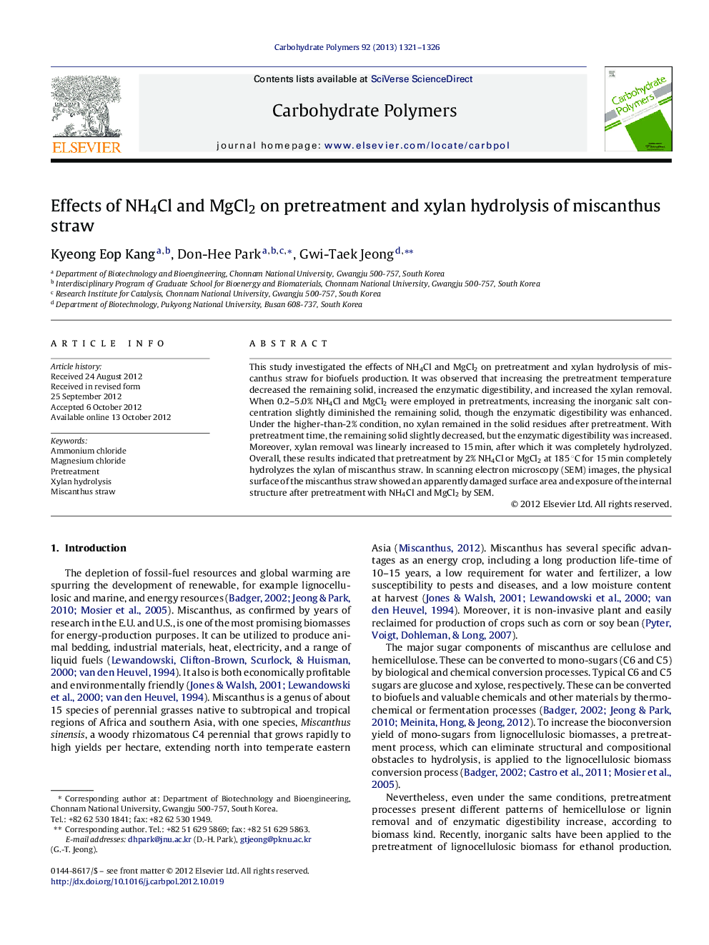 Effects of NH4Cl and MgCl2 on pretreatment and xylan hydrolysis of miscanthus straw