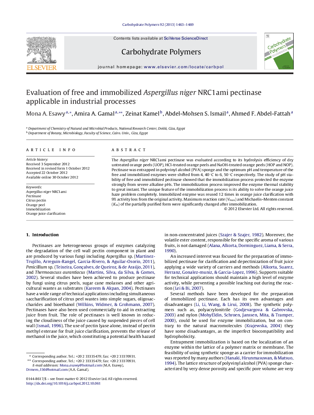 Evaluation of free and immobilized Aspergillus niger NRC1ami pectinase applicable in industrial processes