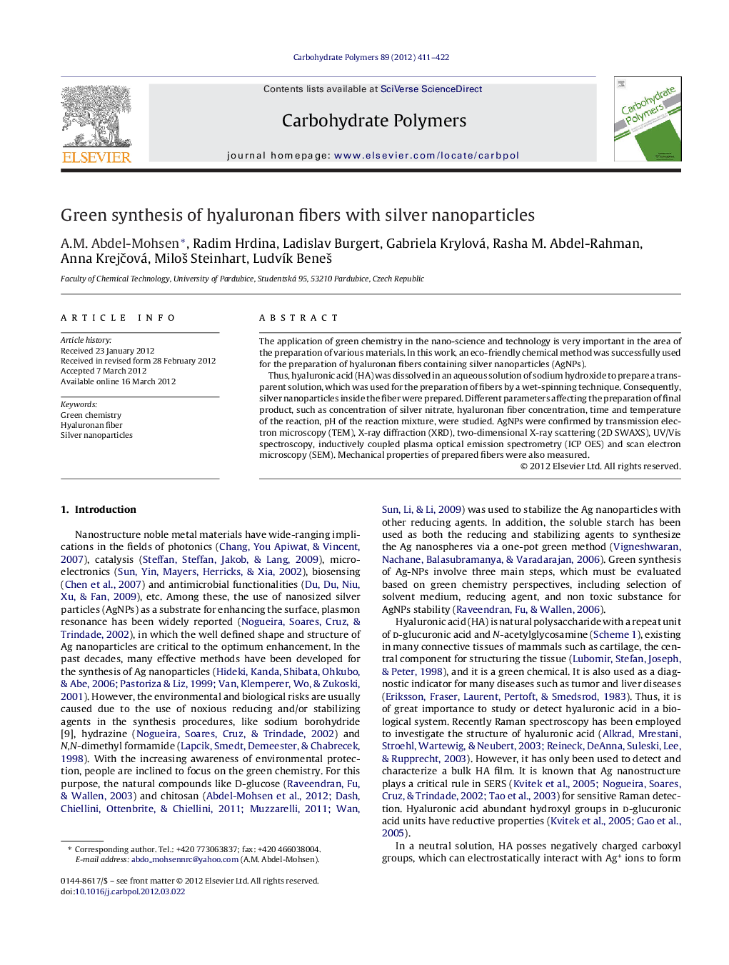 عکس صفحه اول مقاله: Green synthesis of hyaluronan fibers with silver nanoparticles Green synthesis of hyaluronan fibers with silver nanoparticles