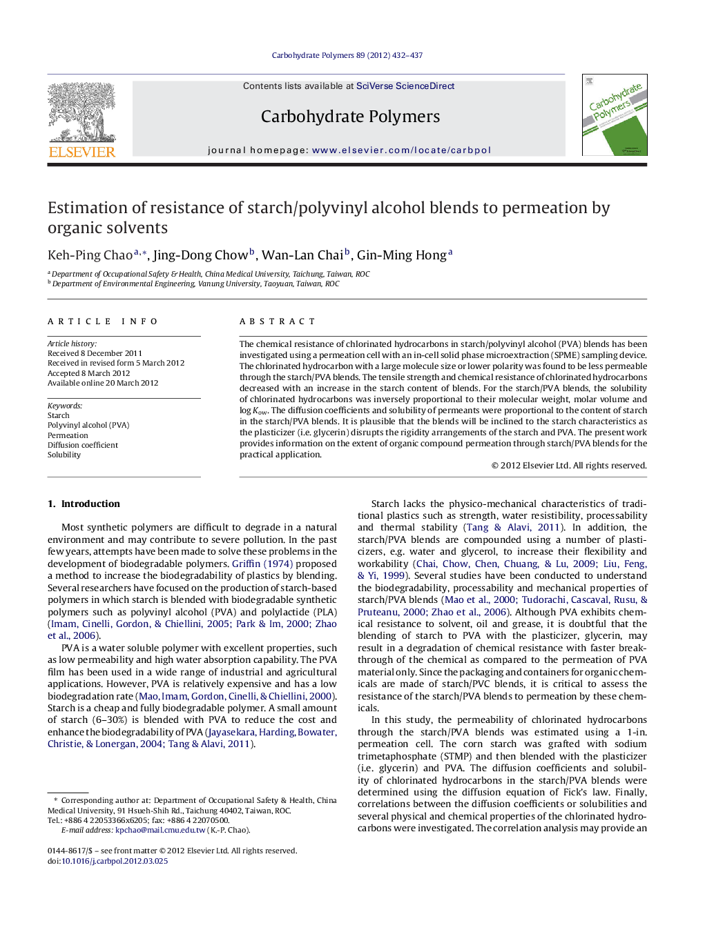 Estimation of resistance of starch/polyvinyl alcohol blends to permeation by organic solvents