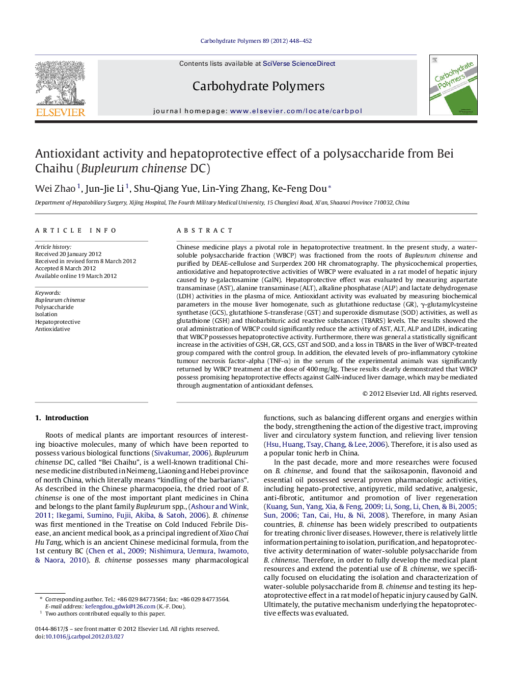 Antioxidant activity and hepatoprotective effect of a polysaccharide from Bei Chaihu (Bupleurum chinense DC)