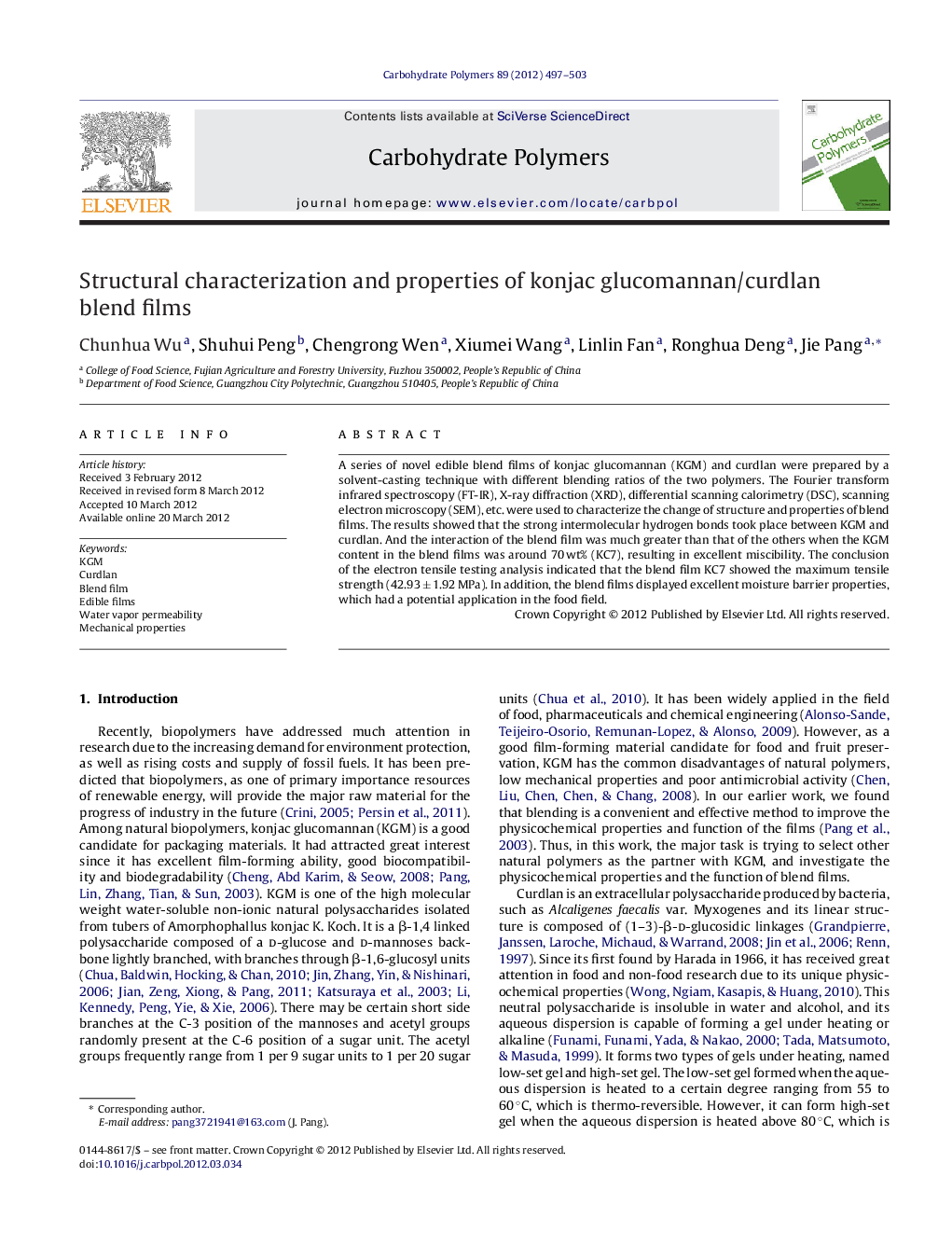 Structural characterization and properties of konjac glucomannan/curdlan blend films