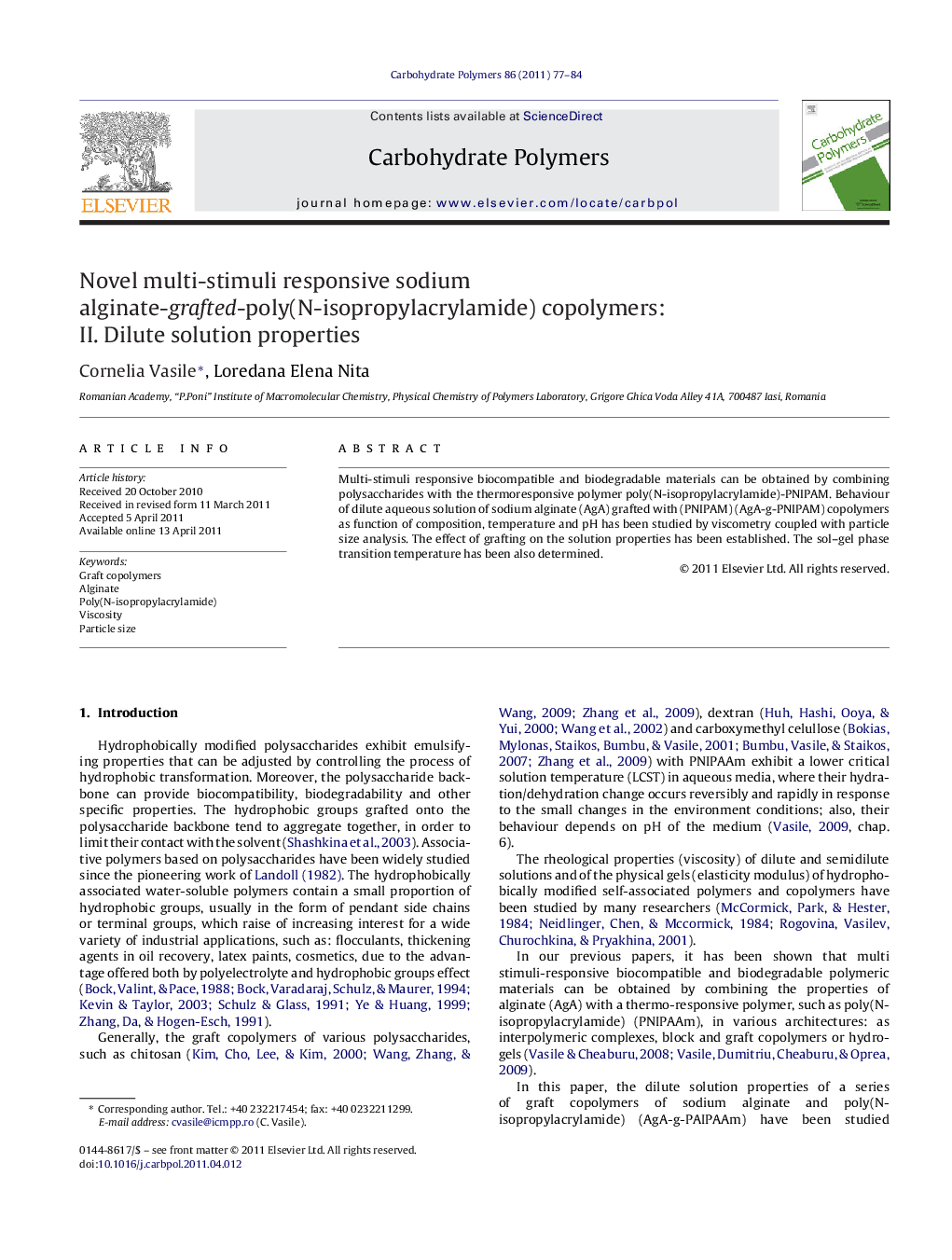 Novel multi-stimuli responsive sodium alginate-grafted-poly(N-isopropylacrylamide) copolymers: II. Dilute solution properties