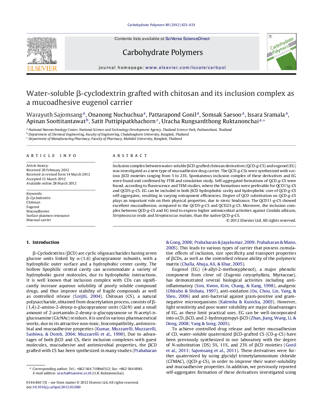 Water-soluble Î²-cyclodextrin grafted with chitosan and its inclusion complex as a mucoadhesive eugenol carrier