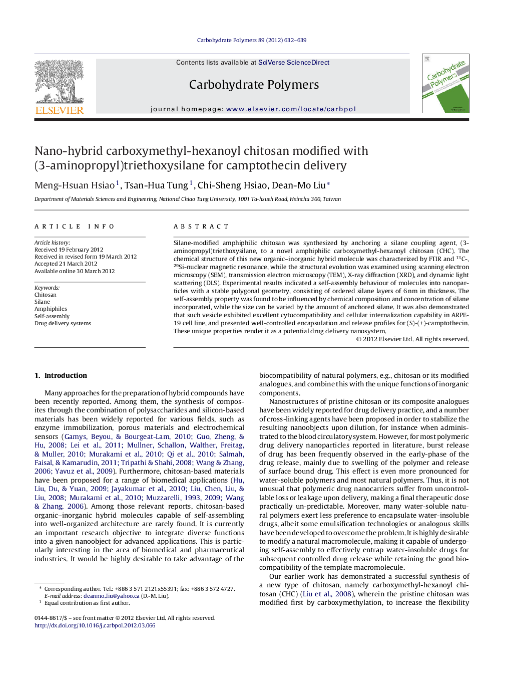 Nano-hybrid carboxymethyl-hexanoyl chitosan modified with (3-aminopropyl)triethoxysilane for camptothecin delivery