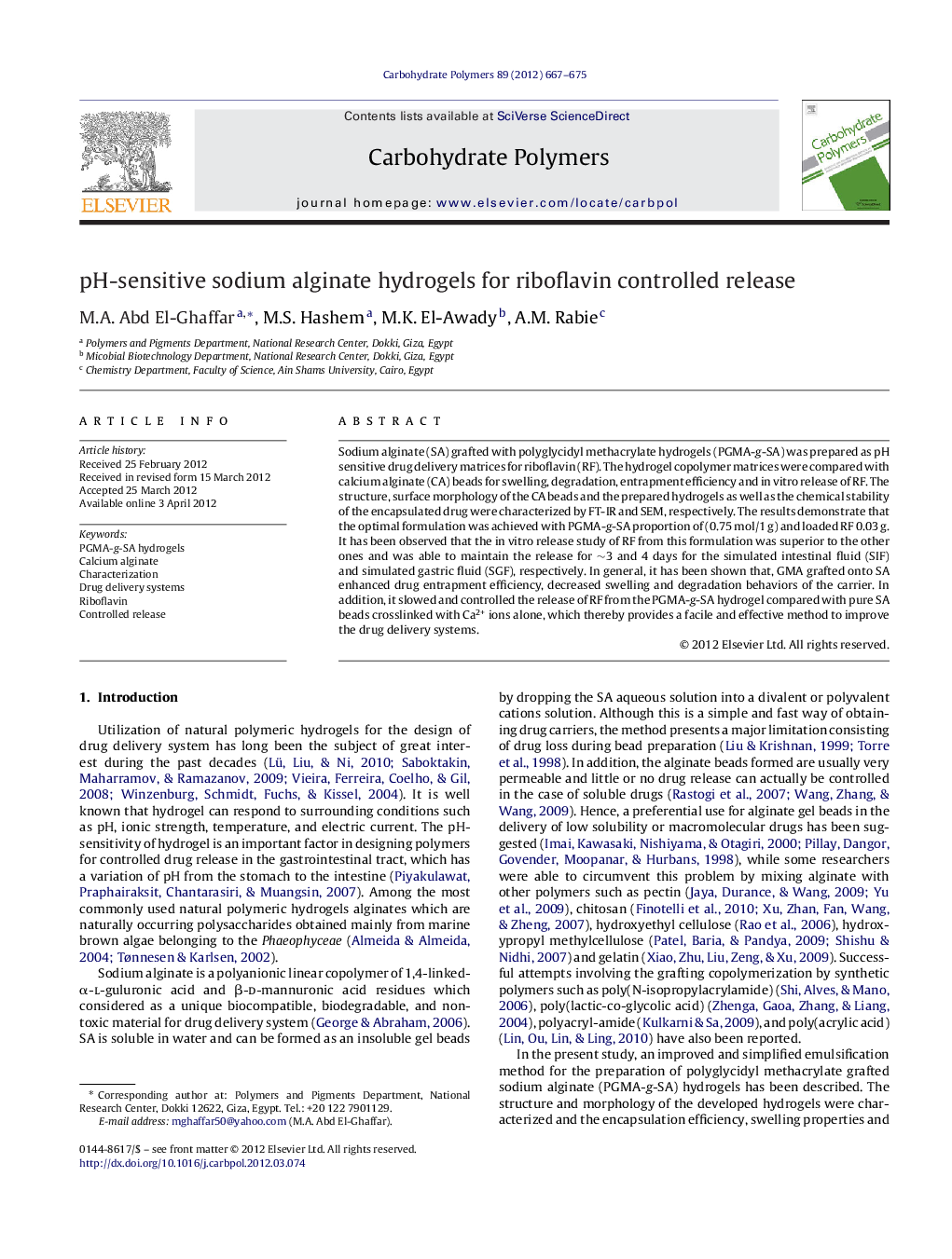 عکس صفحه اول مقاله: pH-sensitive sodium alginate hydrogels for riboflavin controlled release pH-sensitive sodium alginate hydrogels for riboflavin controlled release
