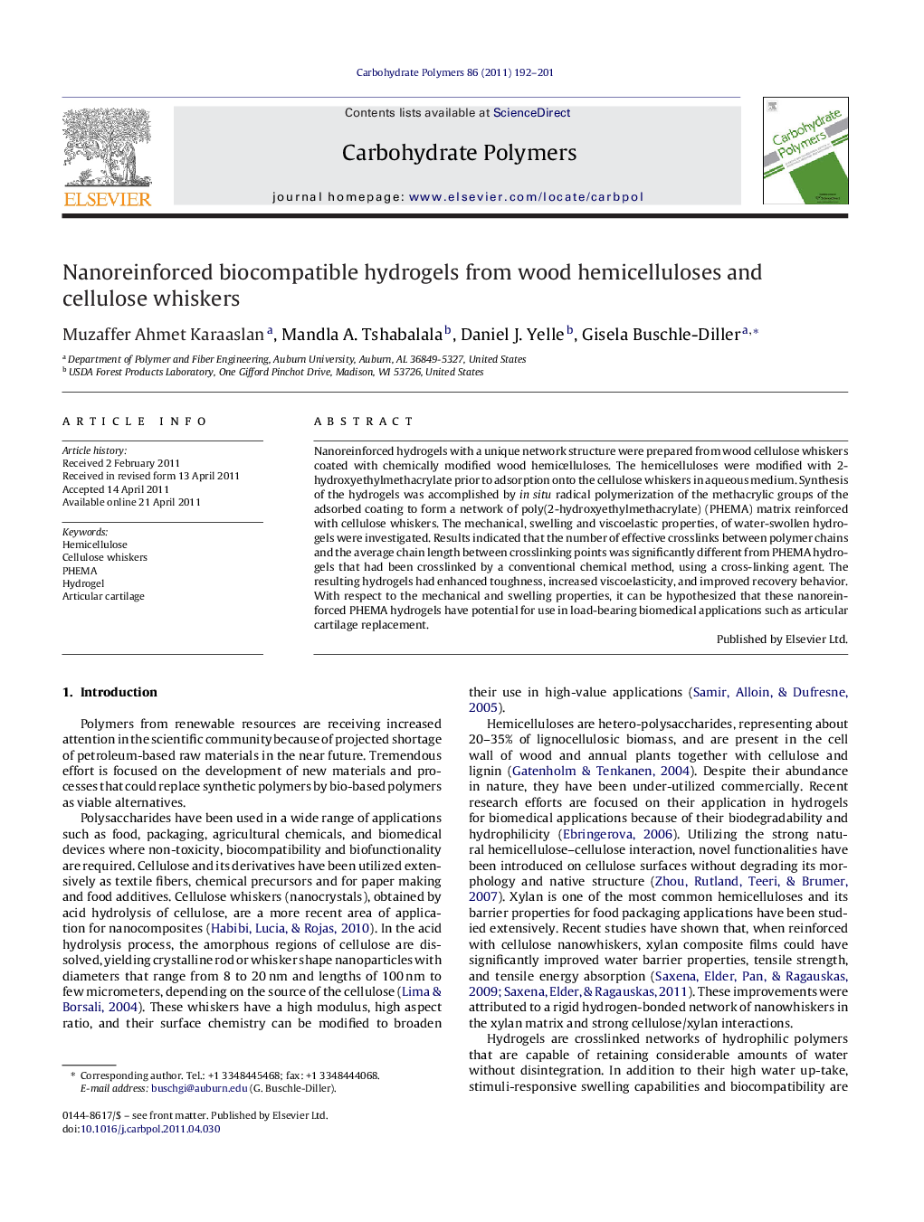 Nanoreinforced biocompatible hydrogels from wood hemicelluloses and cellulose whiskers