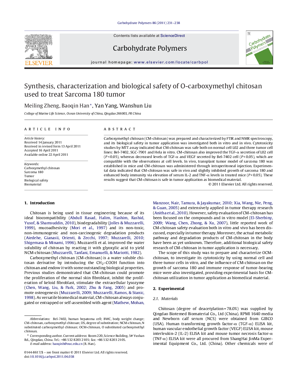 Synthesis, characterization and biological safety of O-carboxymethyl chitosan used to treat Sarcoma 180 tumor