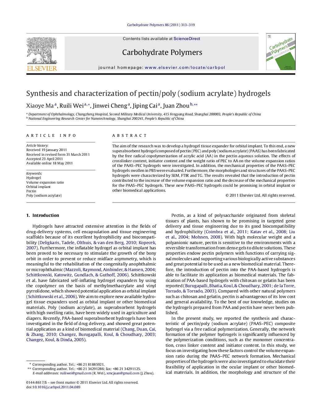 Synthesis and characterization of pectin/poly (sodium acrylate) hydrogels