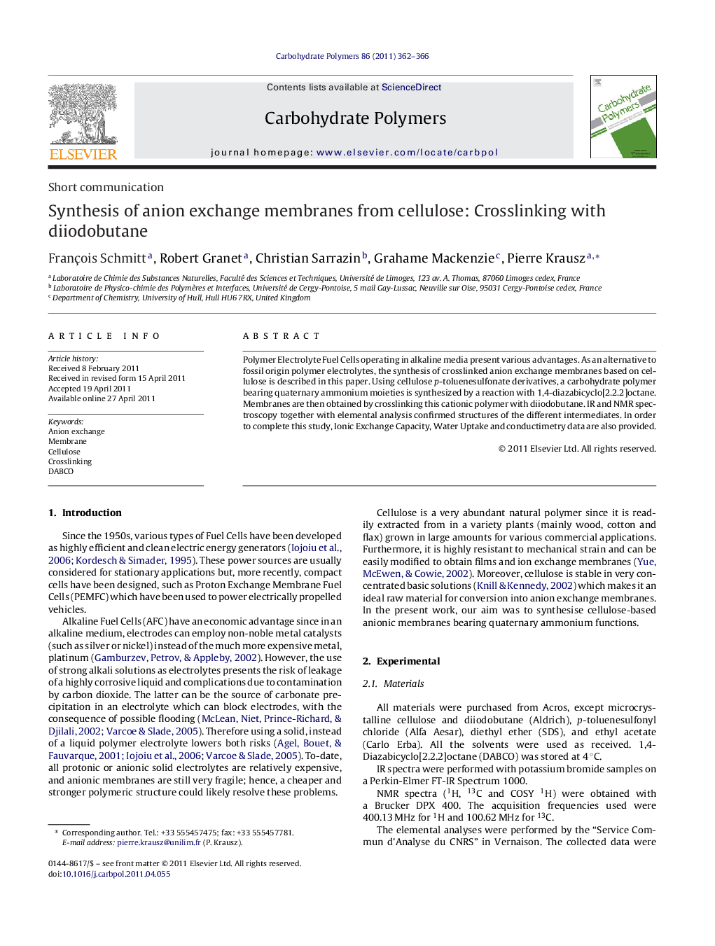 Synthesis of anion exchange membranes from cellulose: Crosslinking with diiodobutane