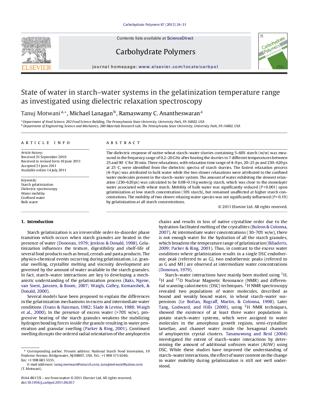 عکس صفحه اول مقاله: State of water in starch-water systems in the gelatinization temperature range as investigated using dielectric relaxation spectroscopy State of water in starch-water systems in the gelatinization temperature range as investigated using dielectric relaxation spectroscopy