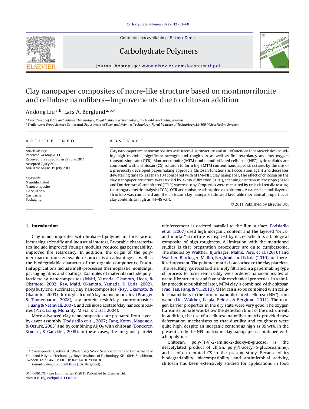 Clay nanopaper composites of nacre-like structure based on montmorrilonite and cellulose nanofibers-Improvements due to chitosan addition