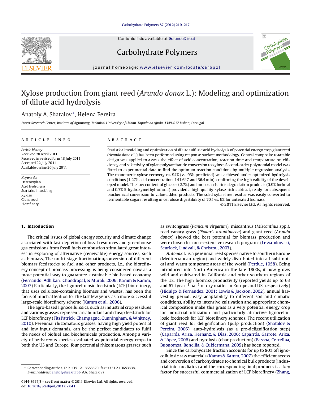 Xylose production from giant reed (Arundo donax L.): Modeling and optimization of dilute acid hydrolysis