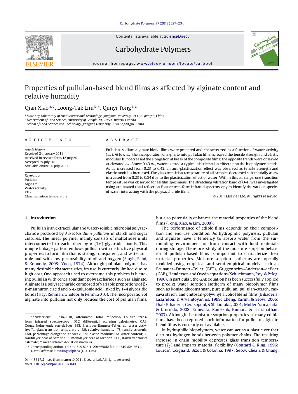 Properties of pullulan-based blend films as affected by alginate content and relative humidity