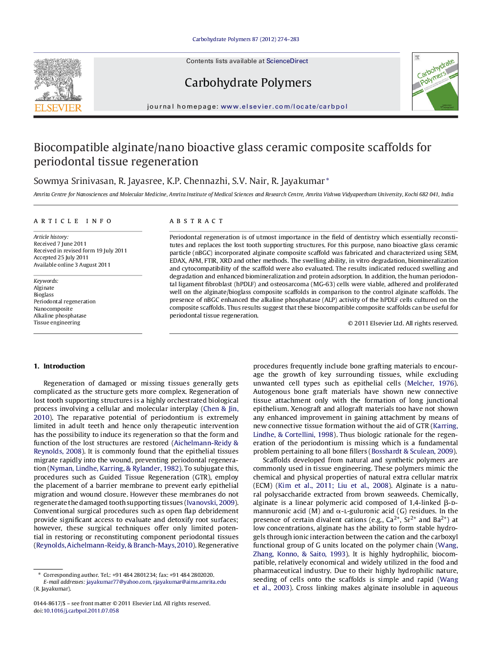 Biocompatible alginate/nano bioactive glass ceramic composite scaffolds for periodontal tissue regeneration