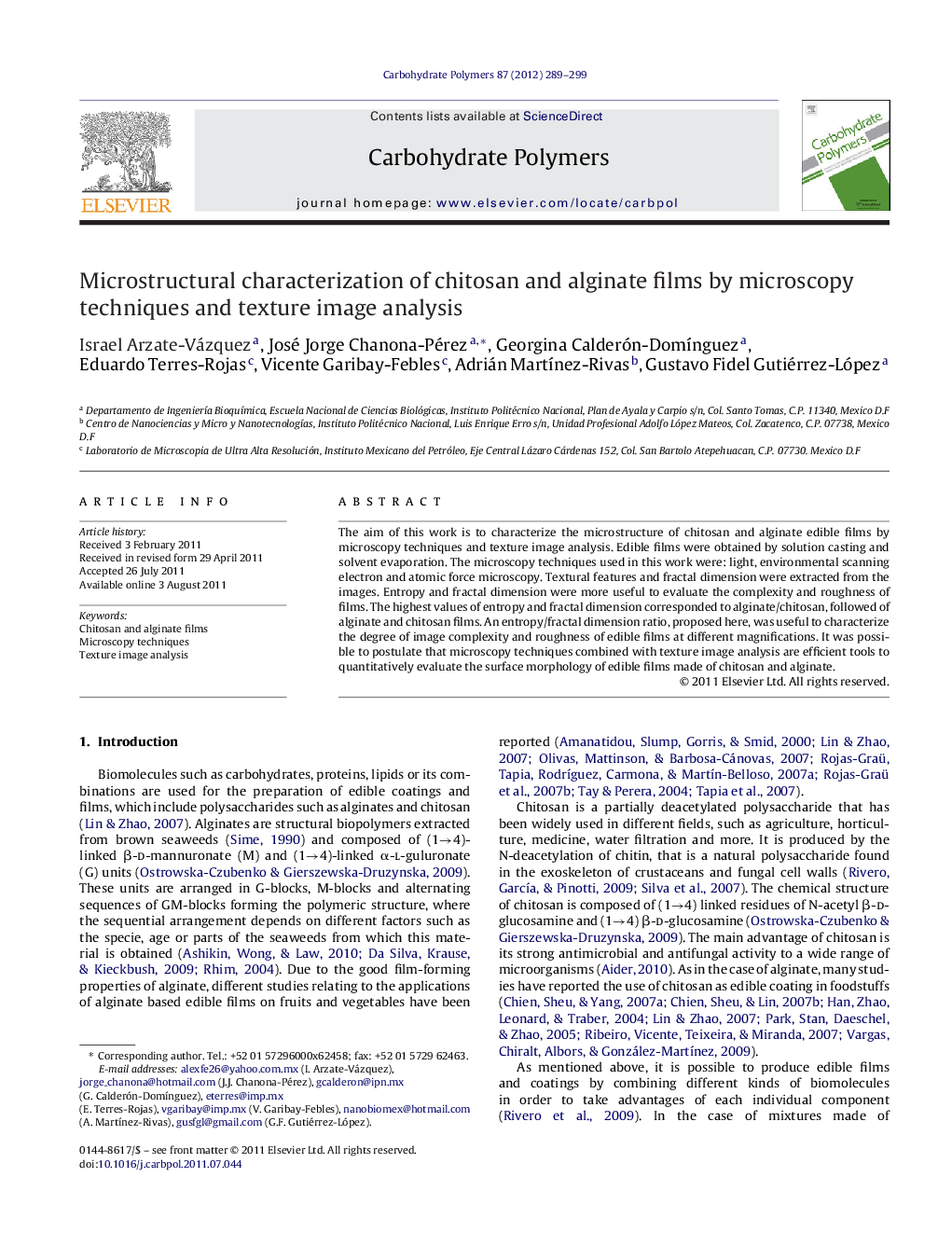 Microstructural characterization of chitosan and alginate films by microscopy techniques and texture image analysis