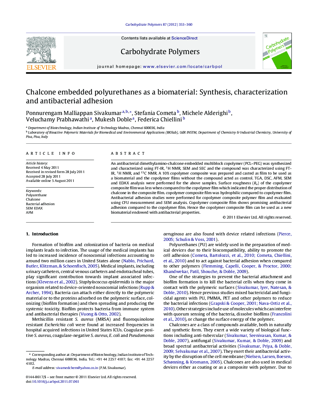 Chalcone embedded polyurethanes as a biomaterial: Synthesis, characterization and antibacterial adhesion