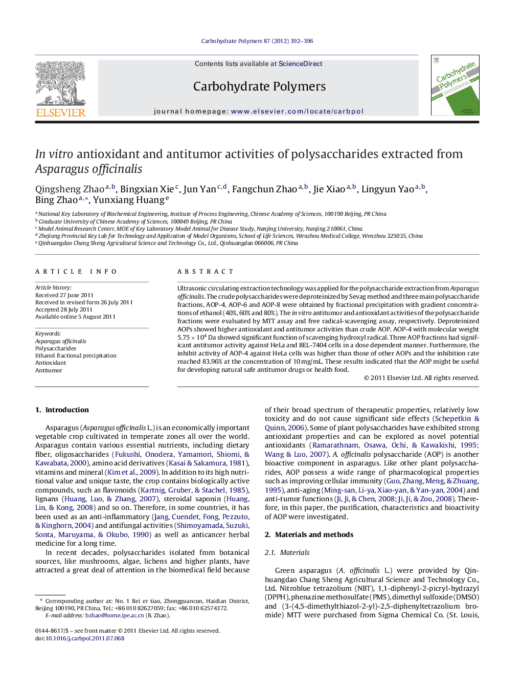 In vitro antioxidant and antitumor activities of polysaccharides extracted from Asparagus officinalis