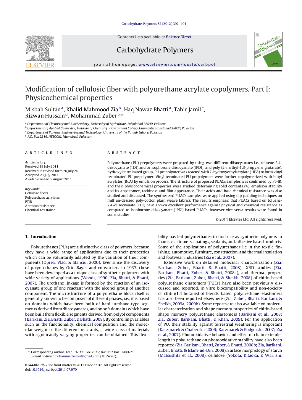 Modification of cellulosic fiber with polyurethane acrylate copolymers. Part I: Physicochemical properties