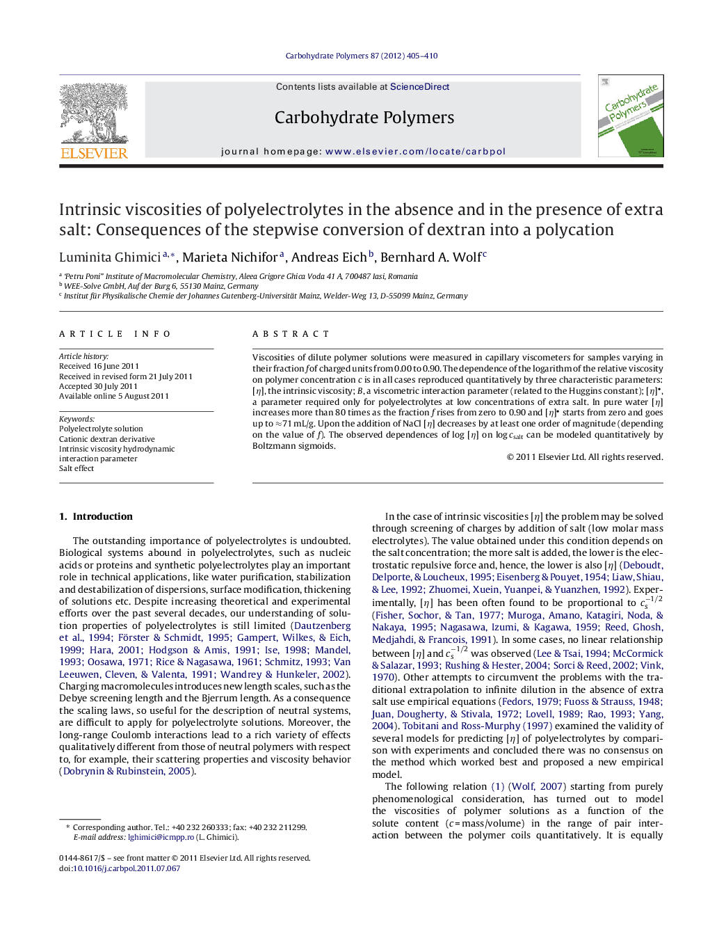 Intrinsic viscosities of polyelectrolytes in the absence and in the presence of extra salt: Consequences of the stepwise conversion of dextran into a polycation