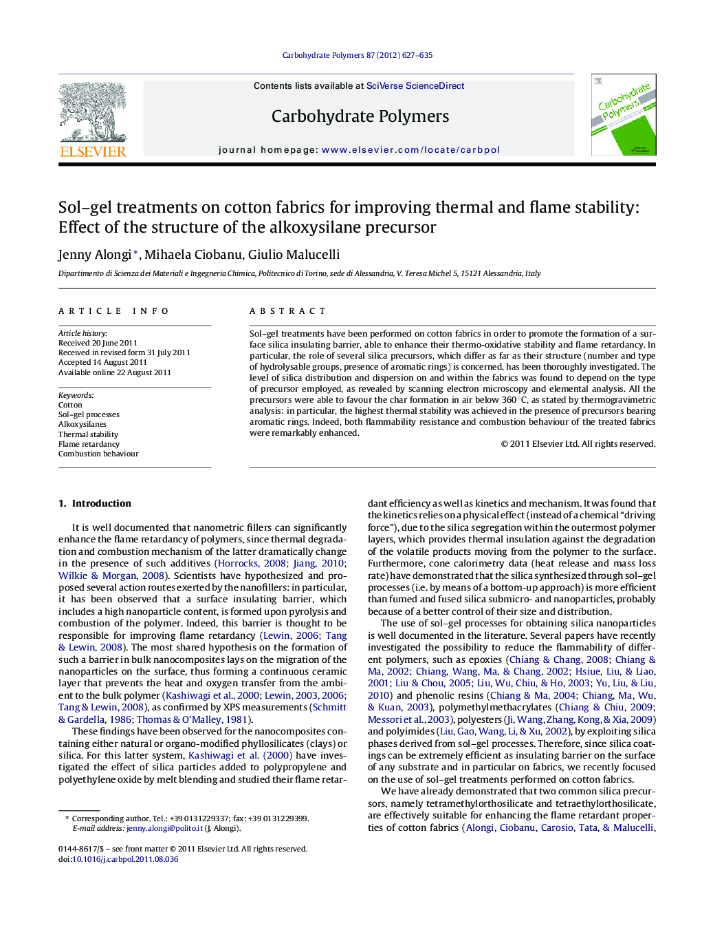 Sol-gel treatments on cotton fabrics for improving thermal and flame stability: Effect of the structure of the alkoxysilane precursor