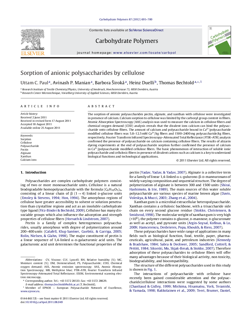 Sorption of anionic polysaccharides by cellulose