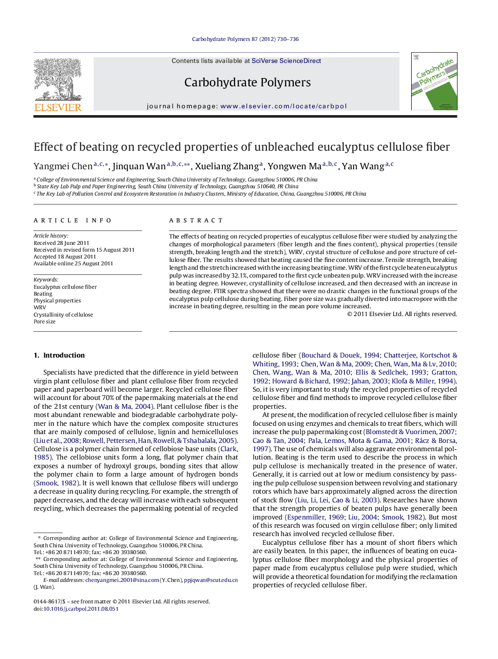 Effect of beating on recycled properties of unbleached eucalyptus cellulose fiber