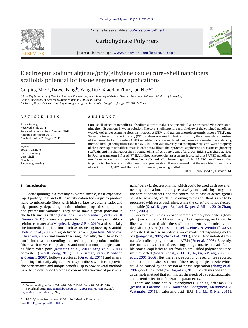 عکس صفحه اول مقاله: Electrospun sodium alginate/poly(ethylene oxide) core-shell nanofibers scaffolds potential for tissue engineering applications Electrospun sodium alginate/poly(ethylene oxide) core-shell nanofibers scaffolds potential for tissue engineering applications
