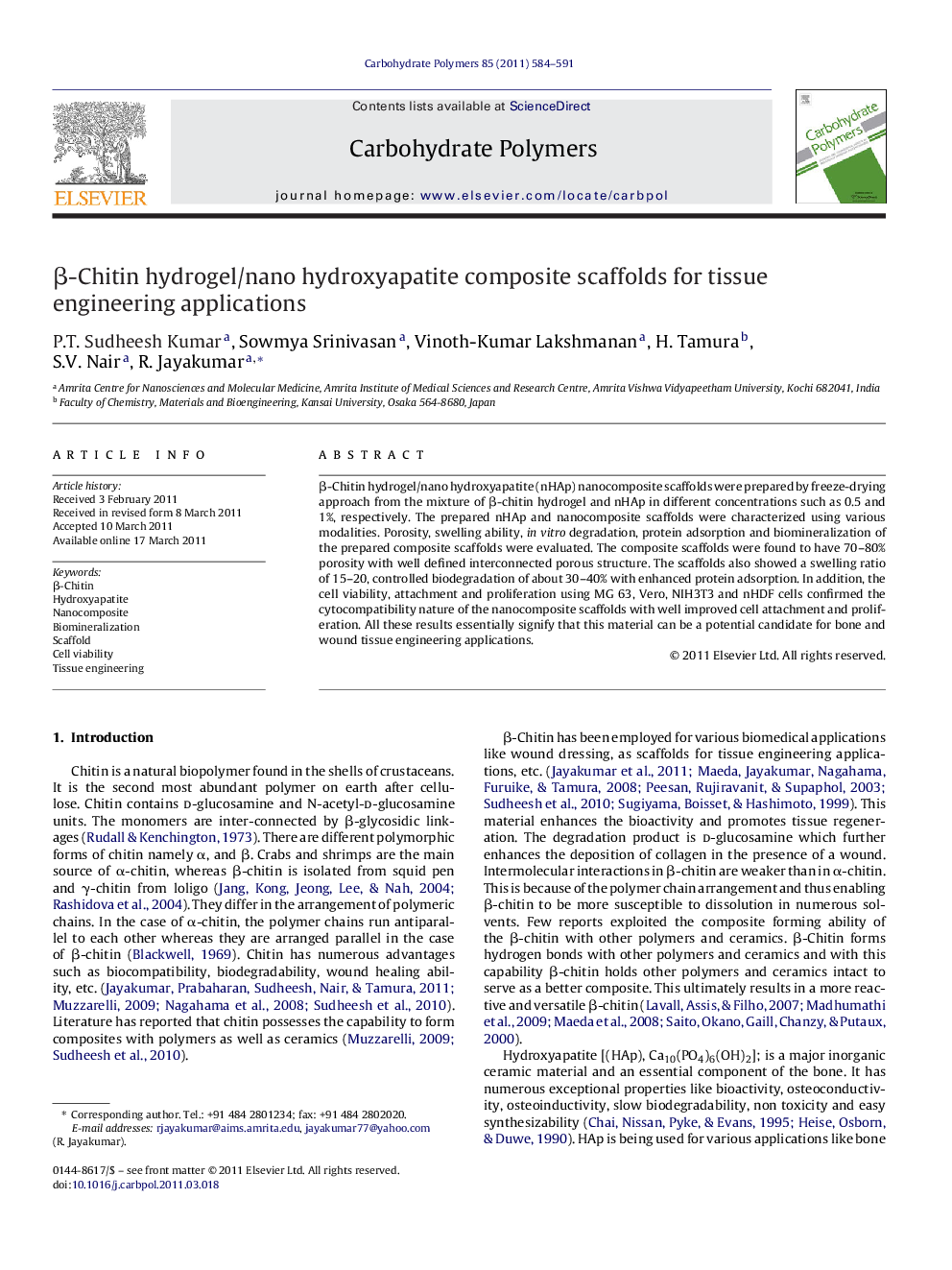 Î²-Chitin hydrogel/nano hydroxyapatite composite scaffolds for tissue engineering applications