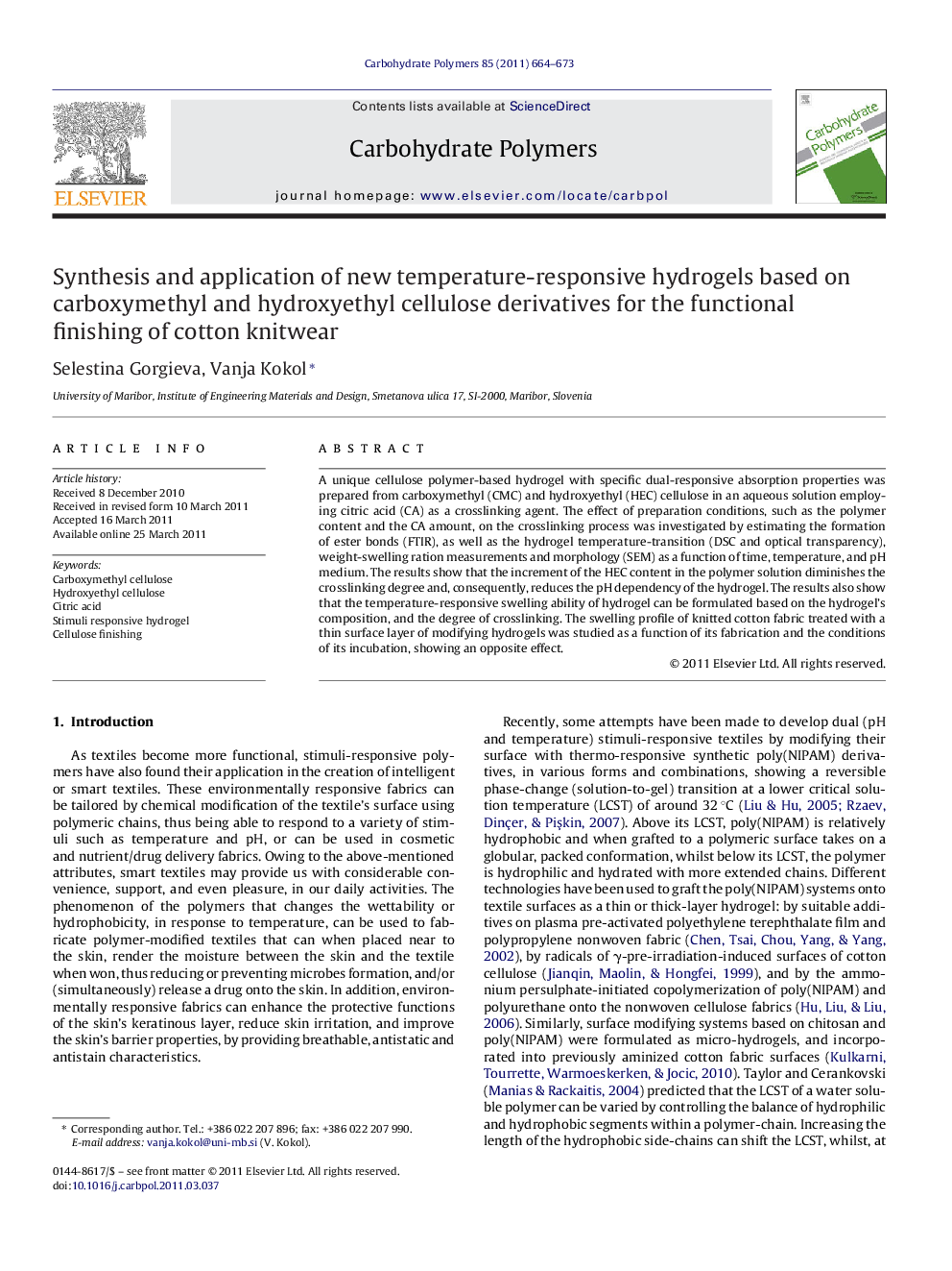 Synthesis and application of new temperature-responsive hydrogels based on carboxymethyl and hydroxyethyl cellulose derivatives for the functional finishing of cotton knitwear