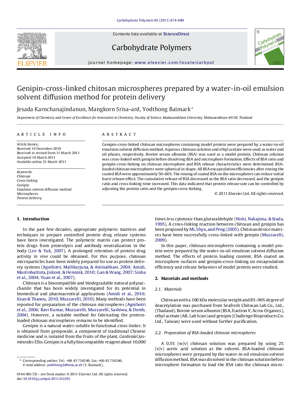 Genipin-cross-linked chitosan microspheres prepared by a water-in-oil emulsion solvent diffusion method for protein delivery