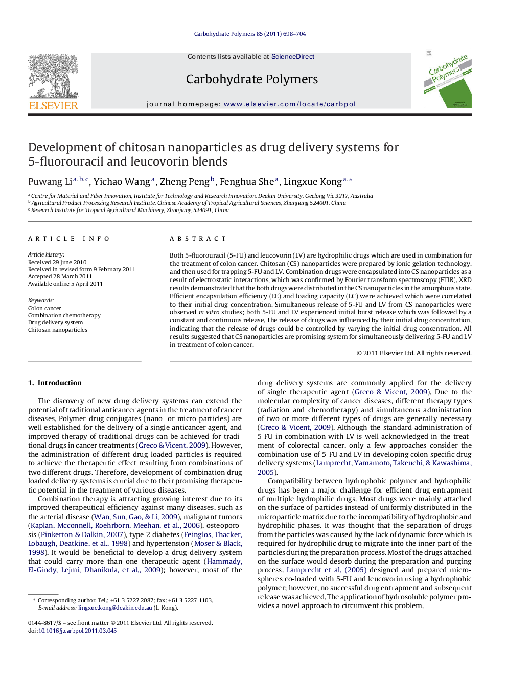 Development of chitosan nanoparticles as drug delivery systems for 5-fluorouracil and leucovorin blends