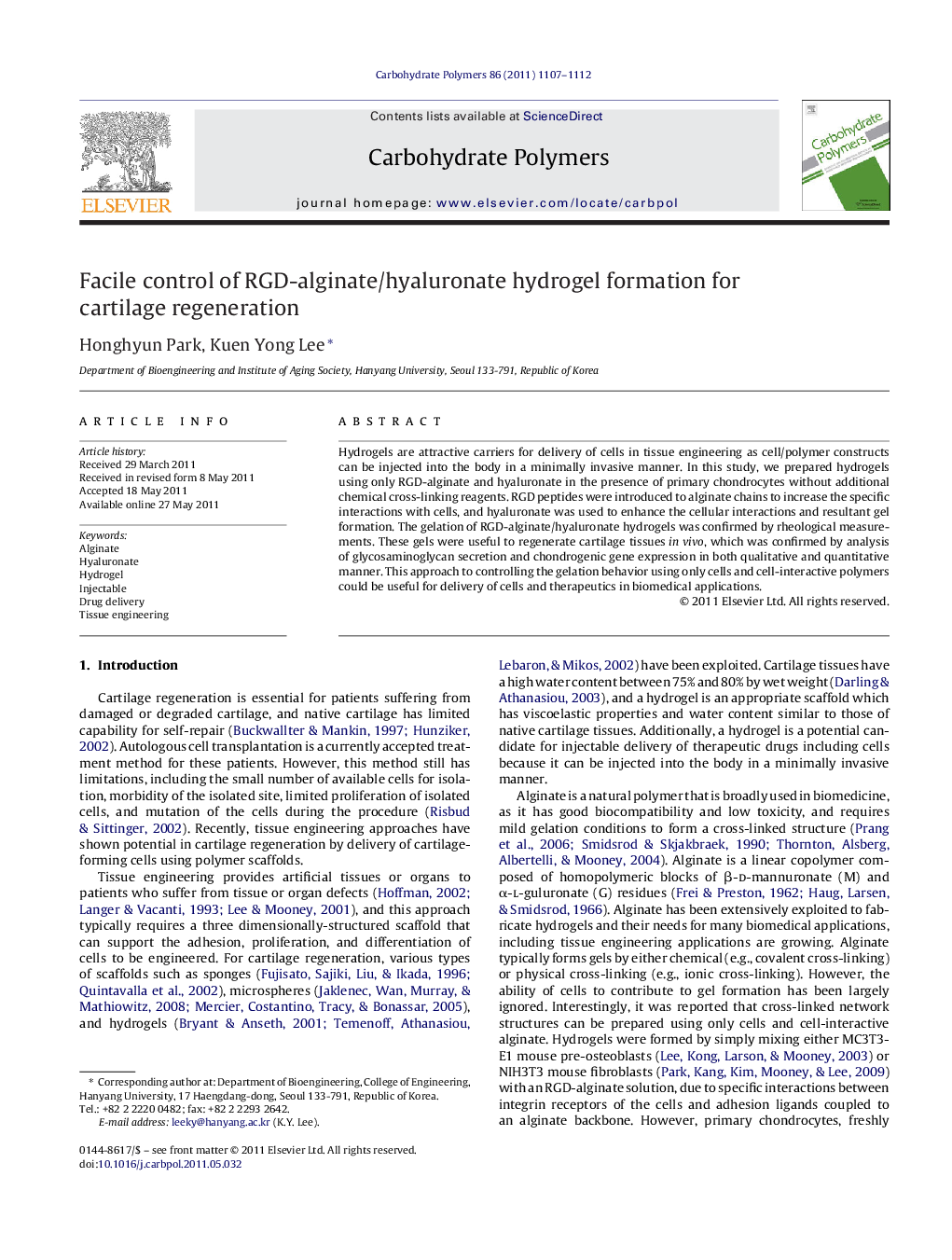 Facile control of RGD-alginate/hyaluronate hydrogel formation for cartilage regeneration