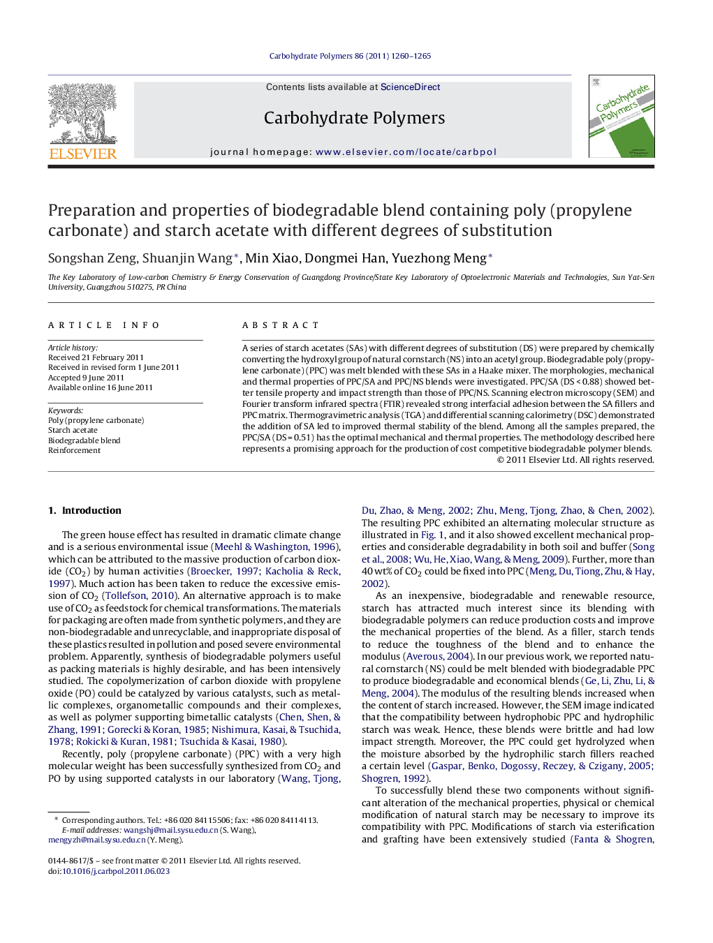 Preparation and properties of biodegradable blend containing poly (propylene carbonate) and starch acetate with different degrees of substitution