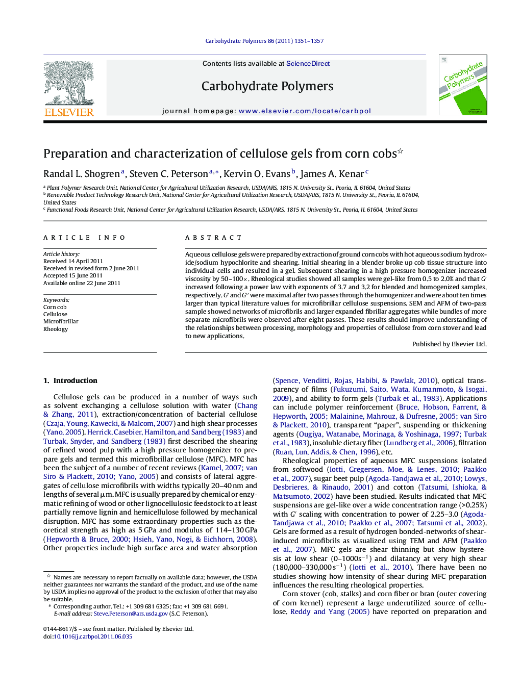 Preparation and characterization of cellulose gels from corn cobs