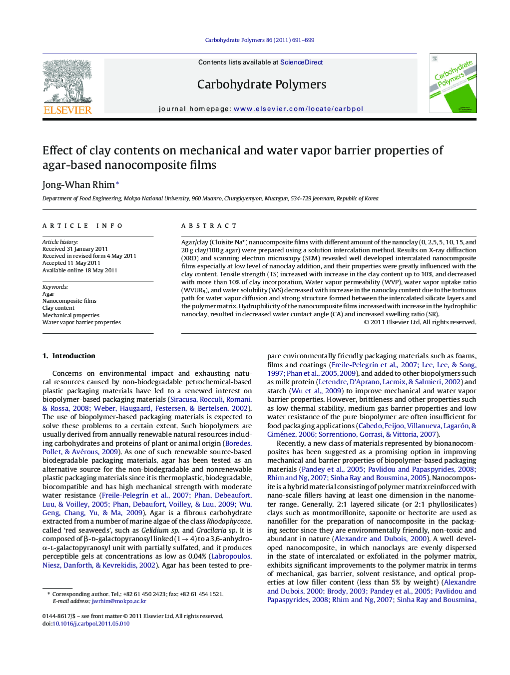 Effect of clay contents on mechanical and water vapor barrier properties of agar-based nanocomposite films