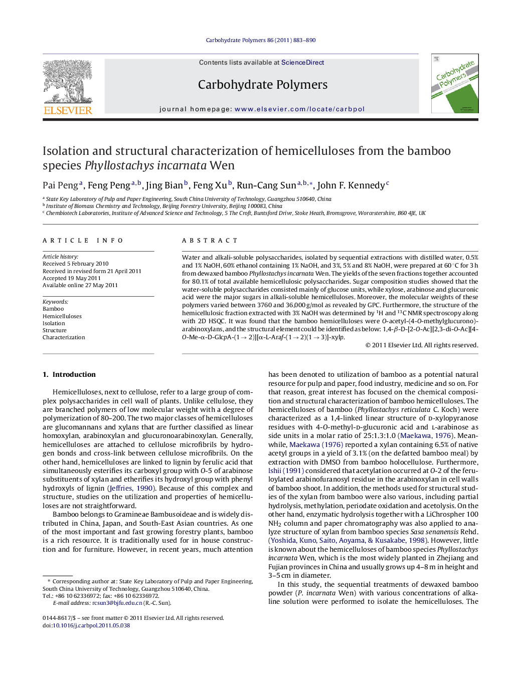 Isolation and structural characterization of hemicelluloses from the bamboo species Phyllostachys incarnata Wen