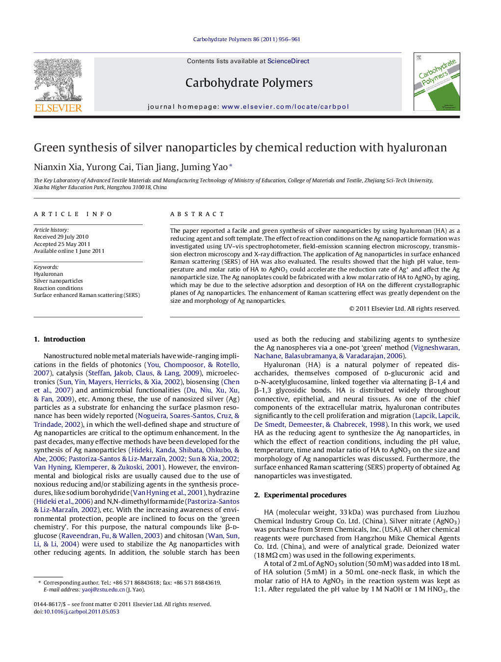 Green synthesis of silver nanoparticles by chemical reduction with hyaluronan