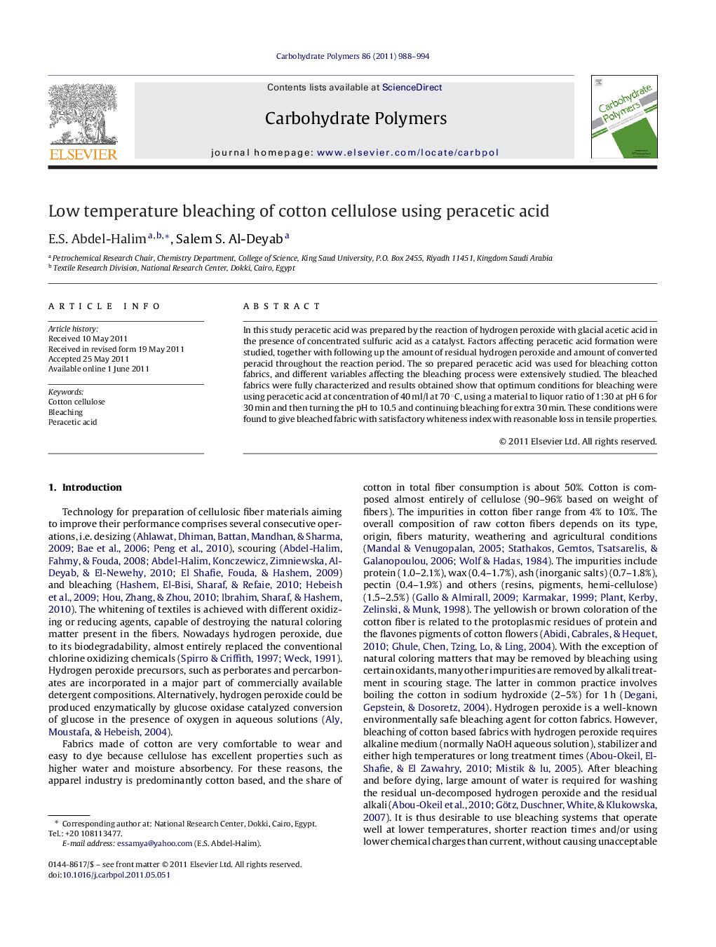 Low temperature bleaching of cotton cellulose using peracetic acid