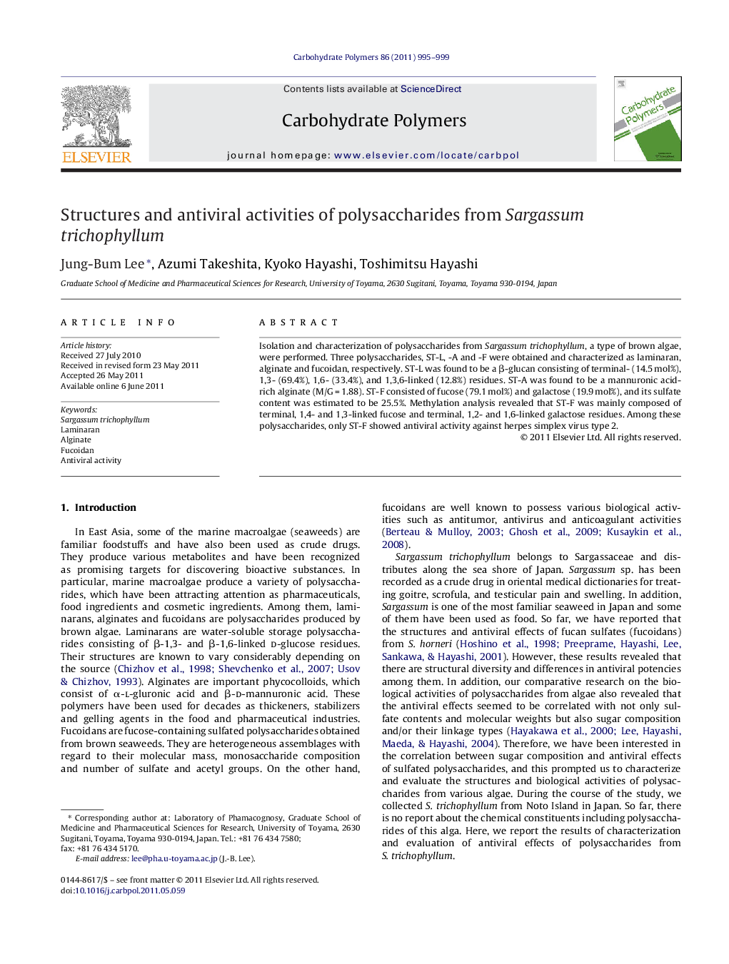 Structures and antiviral activities of polysaccharides from Sargassum trichophyllum