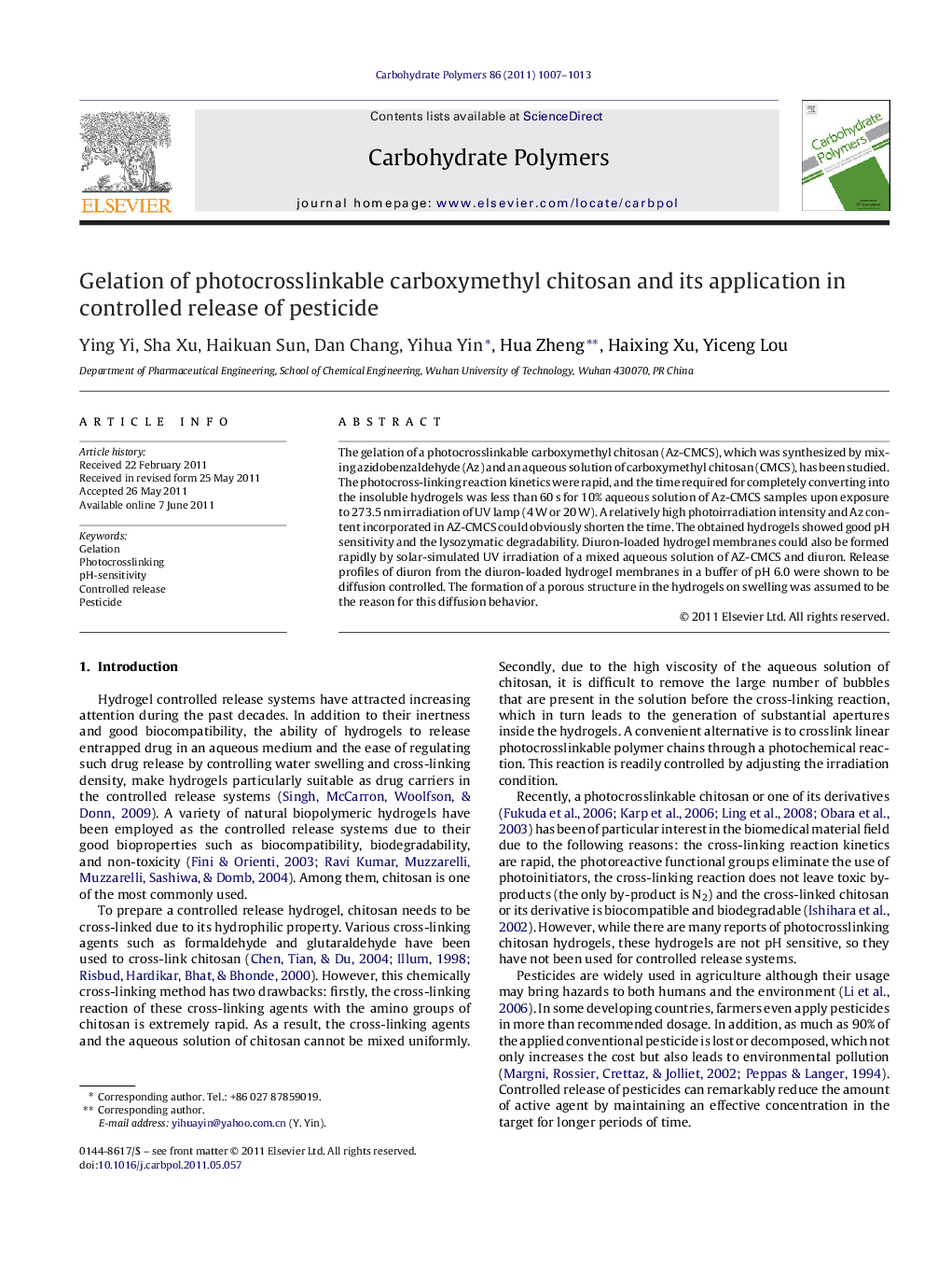 Gelation of photocrosslinkable carboxymethyl chitosan and its application in controlled release of pesticide