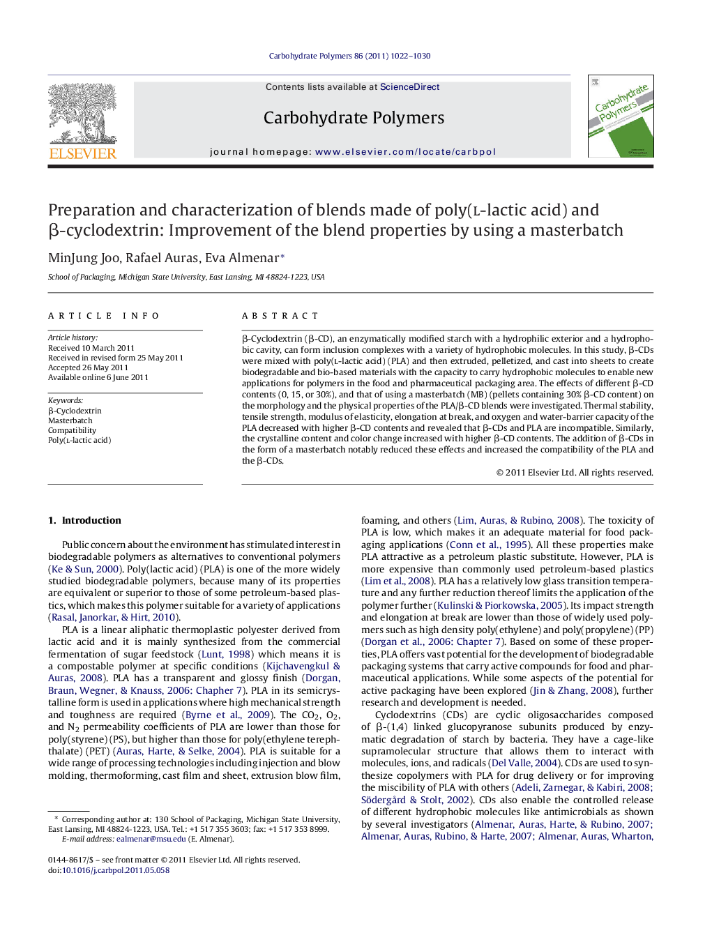 Preparation and characterization of blends made of poly(l-lactic acid) and Î²-cyclodextrin: Improvement of the blend properties by using a masterbatch