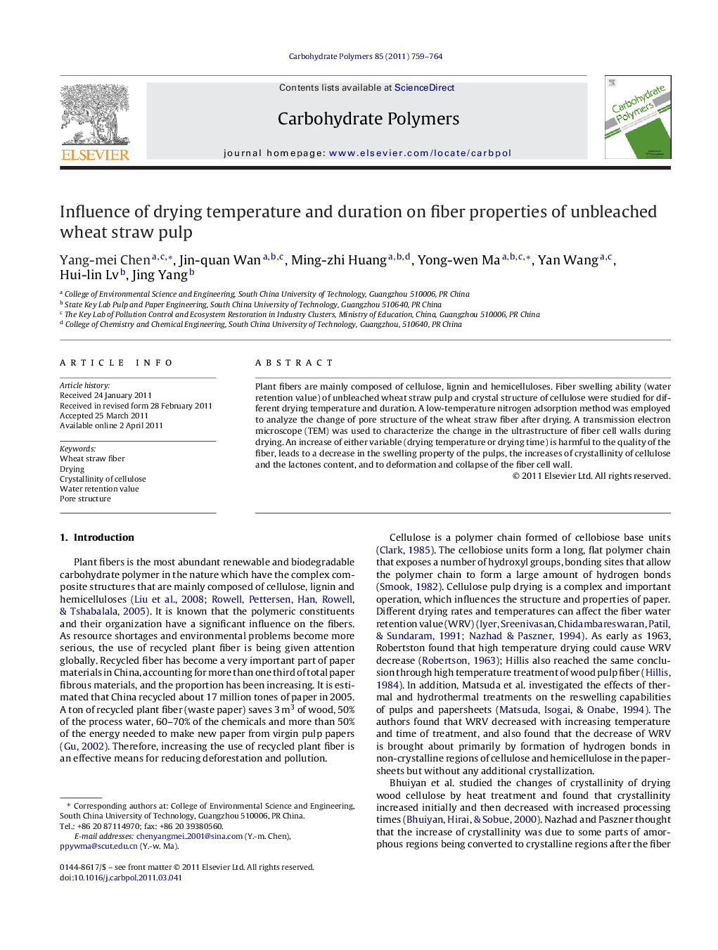 Influence of drying temperature and duration on fiber properties of unbleached wheat straw pulp