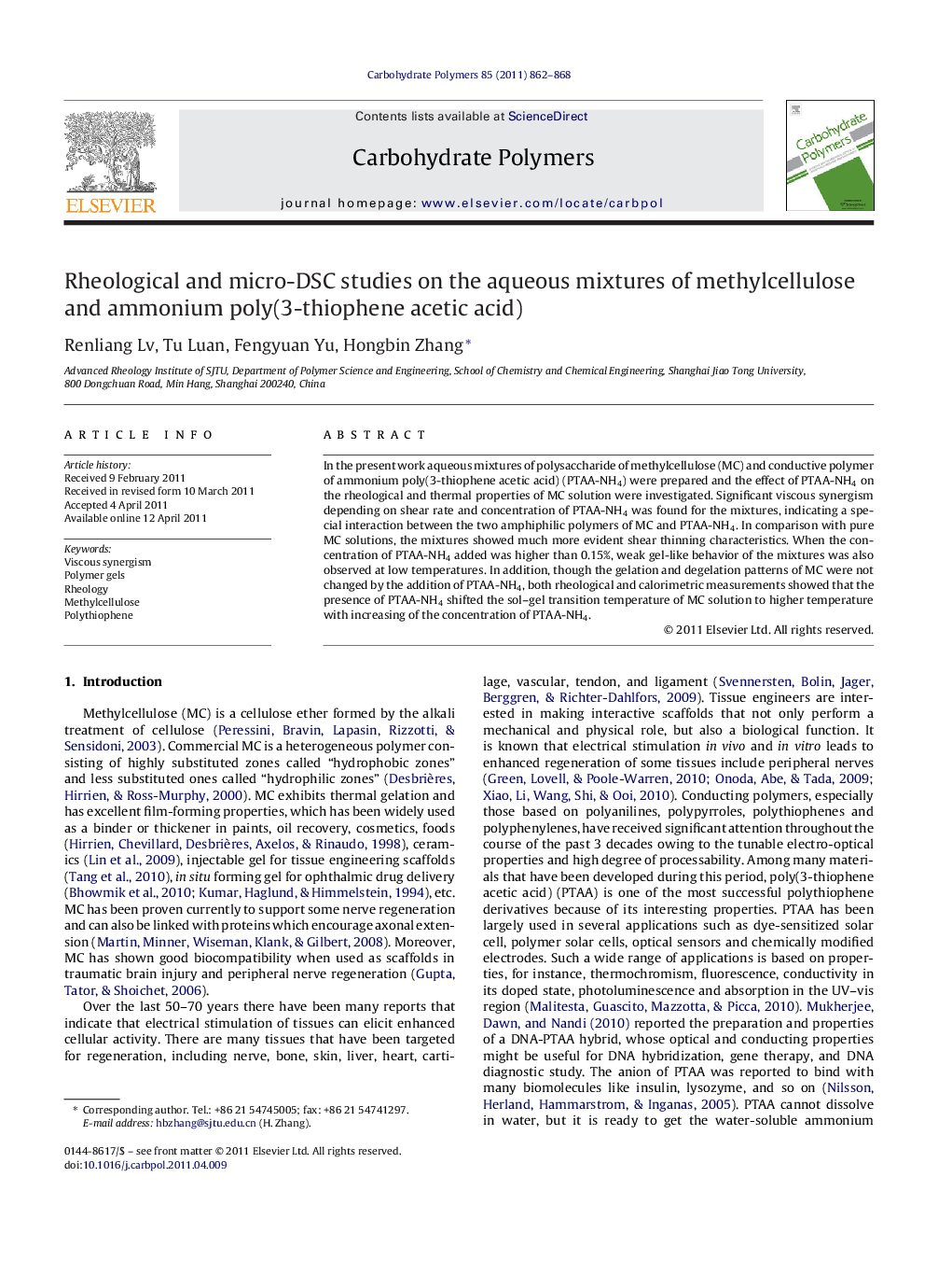 Rheological and micro-DSC studies on the aqueous mixtures of methylcellulose and ammonium poly(3-thiophene acetic acid)