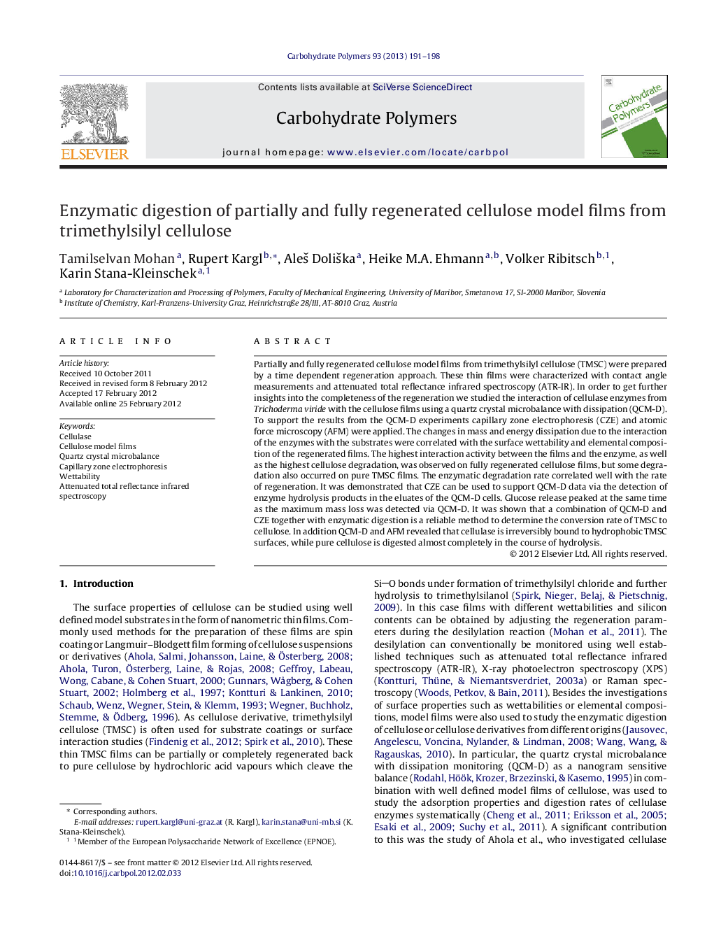 Enzymatic digestion of partially and fully regenerated cellulose model films from trimethylsilyl cellulose