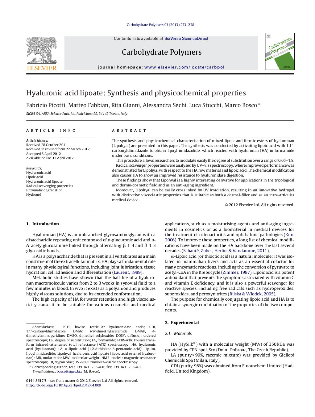 Hyaluronic acid lipoate: Synthesis and physicochemical properties