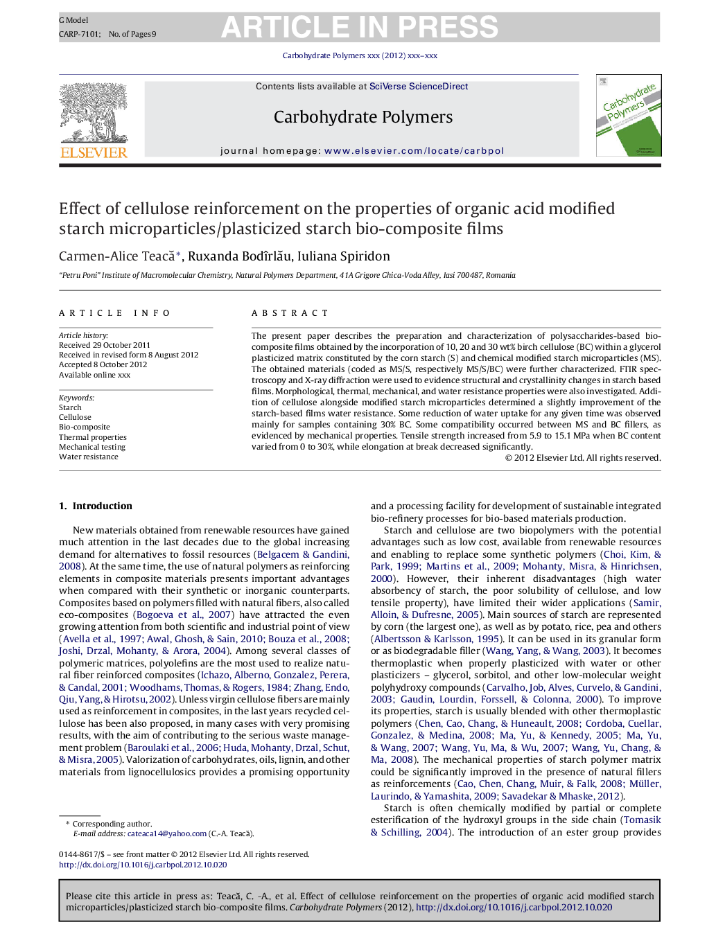 Effect of cellulose reinforcement on the properties of organic acid modified starch microparticles/plasticized starch bio-composite films