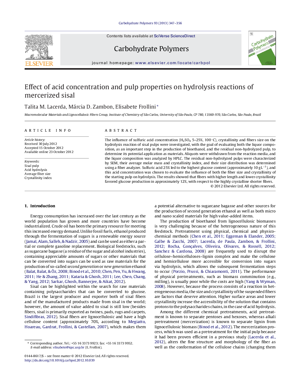 Effect of acid concentration and pulp properties on hydrolysis reactions of mercerized sisal